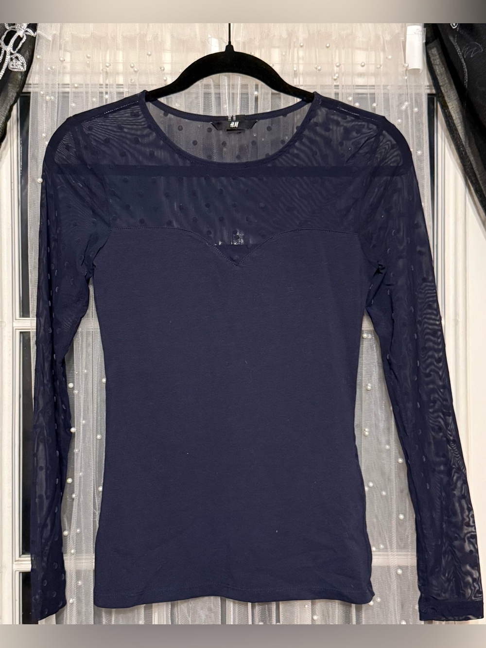 H&M Black Sheer Polka Dot Long-Sleeve Top